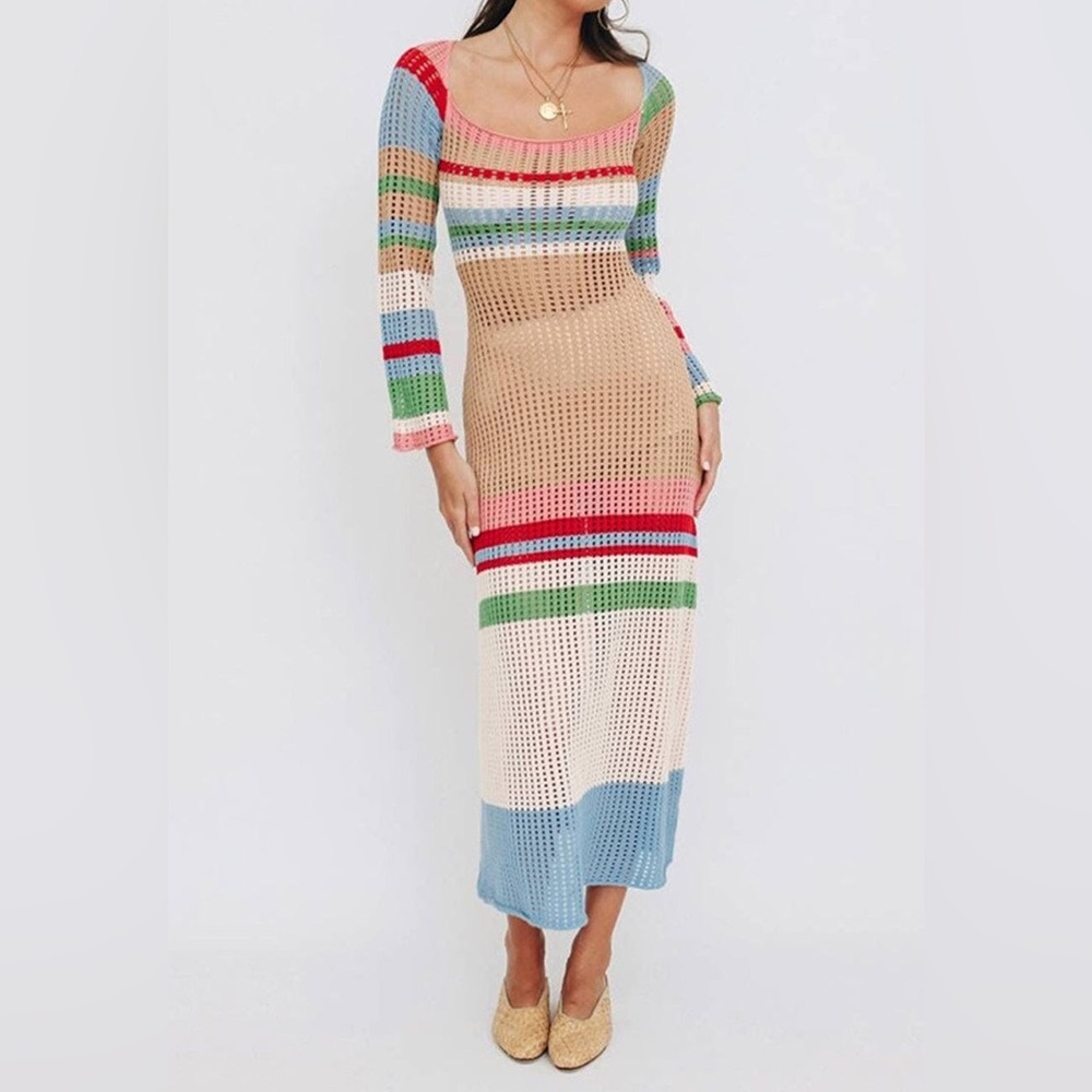 Anna-Kaci
Rainbow Striped Square Neck Long Sleeved Cover-Up Dress